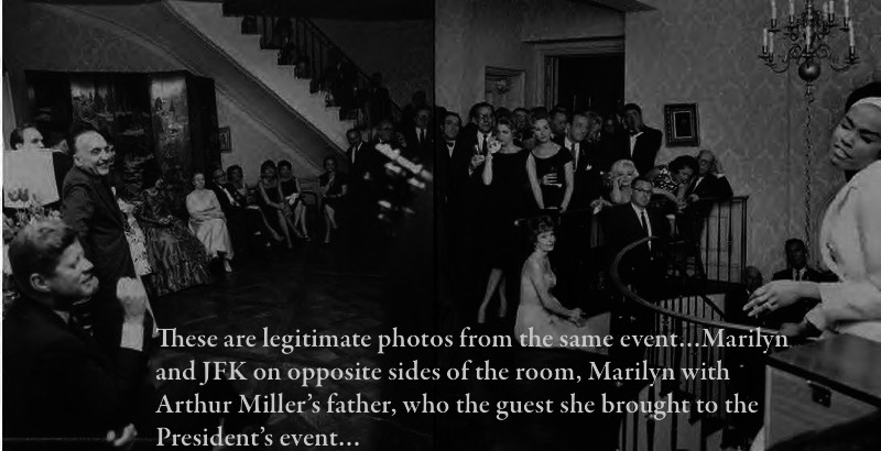Two photos from the same room...Marilyn to the far right and JFK, the far left, both watching Diahann Carroll singing.